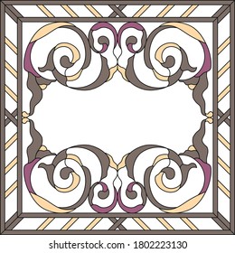 Ventanilla de vidrio manchado de paneles de techo. Resumen Flor, torbellino y hojas en marco cuadrado, ornamento geométrico, composición simétrica, técnica de tifanía de vidrio manchado, estilo clásico. Vector