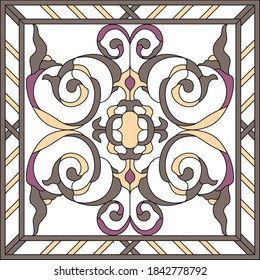 Ceiling panels stained glass window. Abstract Flower, swirls and leaves in square frame, geometric ornament, symmetric composition, stained glass tiffany technique, classic style. Vector
