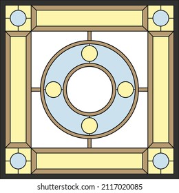 Ceiling panels stained glass window. Abstract Flower, swirls and leaves in square frame, geometric ornament, symmetric composition, tiffany technique, classic style. Vector