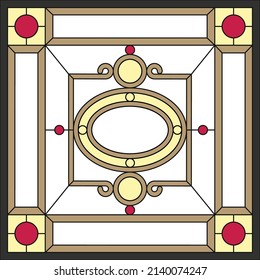 Ceiling panels stained glass window. Abstract Flower, swirls and leaves in square frame, geometric ornament, symmetric composition, tiffany technique, classic style. Vector