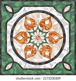 Ceiling panels stained glass window. Abstract Flower, swirls and leaves in square frame, geometric ornament, symmetric composition, tiffany technique, classic style. Vector