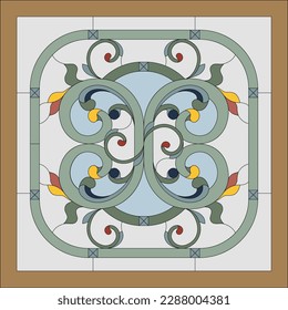 Ceiling panels stained glass window. Abstract flower, swirls and leaves in square frame, geometric ornament, symmetric composition, tiffany technique, classic style. Vector