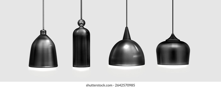 Ceiling pendant lamp set in minimalist style - industrial hanging lights with matte finish, bell and cone shaped shades on cords for modern kitchen, dining rooms or contemporary workspace illumination