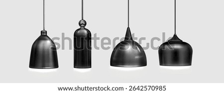 Ceiling pendant lamp set in minimalist style - industrial hanging lights with matte finish, bell and cone shaped shades on cords for modern kitchen, dining rooms or contemporary workspace illumination