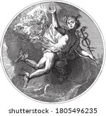 Ceiling piece with the god Mercury flying with the caduceus in his hand. In the background the gods of Olympus on the clouds, vintage engraving.