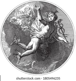 Ceiling piece with the god Mercury flying with the caduceus in his hand. In the background the gods of Olympus on the clouds, vintage engraving.