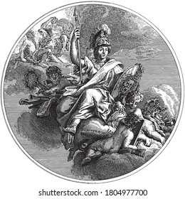 Ceiling piece with the goddess Minerva, enthroned on the clouds with helmet, spear and shield, vintage engraving.