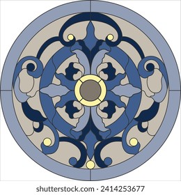 Ceiling round panels, stained glass window. Abstract Flower, swirls and leaves in circle frame, geometric ornament, blue color, symmetric composition, tiffany technique, classic style. Vector