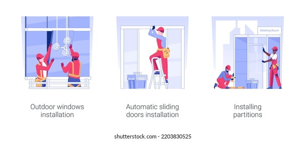 Ceiling and walls works isolated concept vector illustration set. Outdoor windows installation, automatic sliding doors, installing partitions, commercial construction vector cartoon.