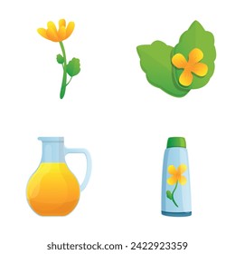 Celandine icons set cartoon vector. Celandine flower and cosmetic product. Medicinal plant