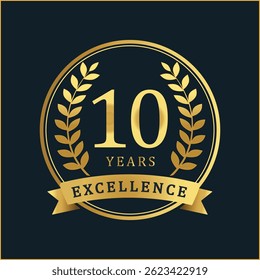 Celebrate 10 years of excellence with this premium golden anniversary badge. Featuring a rich gold foil texture and elegant laurel wreaths, this vector badge is perfect for commemorating corporate ac