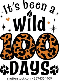 Celebrate 100 days of school with this fun jungle-themed design featuring bold leopard print lettering, leaves, stars, and playful typography. Perfect for classroom decor or milestone events.