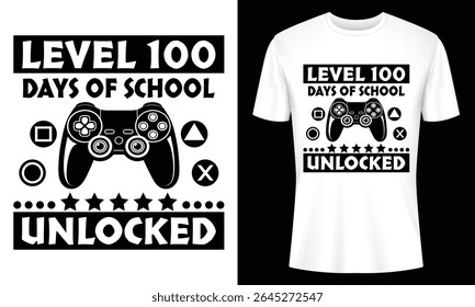 Celebrate 100 days of school with this fun gamer-themed t-shirt design. Features a video game controller graphic and the text "Level 100 Unlocked". Ideal for students