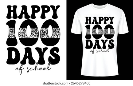 Celebrate 100 days of school with this trendy t-shirt design. Features a bold Happy 100 Days graphic with a chic leopard print accent. Ideal for teachers and students.