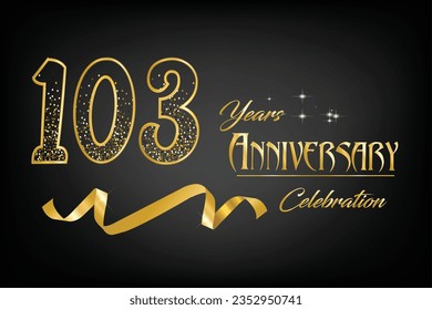 Celebrar el 103 aniversario con letras doradas, cintas de oro y confeti en un fondo oscuro