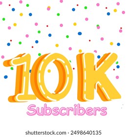 ¡Celebra 10K con este vibrante diseño! Un fondo blanco nítido salpicado de acentos coloridos enmarca letras amarillas en 3D en negrita deletreando '10K'. Perfecto para celebraciones de hitos, redes sociales, Anuncio