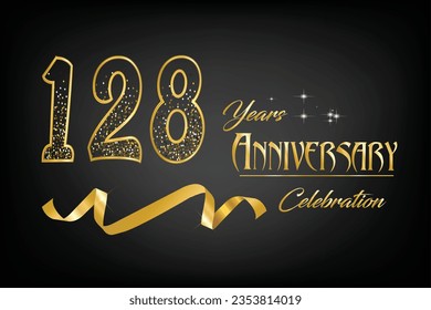 Celebrate the 128th anniversary with gold letters, gold ribbons and confetti on a dark background