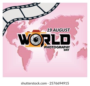 Celebrate the 19th of August, World Photography Day, with this vibrant image featuring a camera lens, a world map, and film reel graphics on a pink background. Flat vector modern illustration 