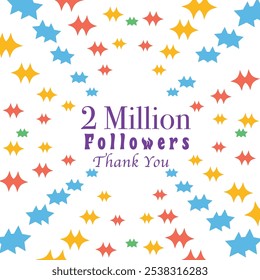 Celebrate 2 million followers with this vibrant thank you card illustration, on a clean white background. Perfect for social media influencers, brands, or creators to express gratitude for followers.