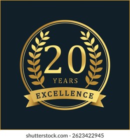 Comemore 20 anos de excelência com este distintivo de aniversário de ouro premium. Com uma textura de folha de ouro rica e coroas de louro elegantes, este distintivo vetorial é perfeito para comemorar o ac corporativo