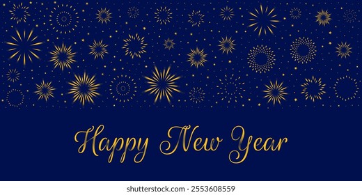 Celebrate 2025 with an abstract design featuring golden fireworks and shimmering gradient numbers. Set against a dark blue background, this elegant composition radiates festive joy and sophistication.