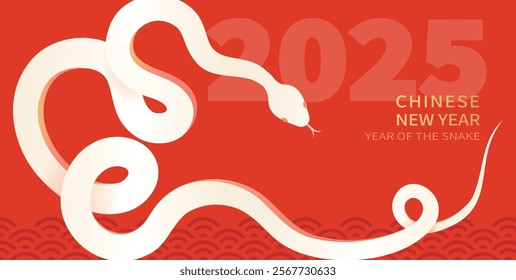 Celebrate the 2025 Chinese New Year with a Year of the Snake banner template design on a red background, gradient vector elements.