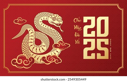 Celebre el Año Nuevo Lunar 2025 con este elegante diseño de serpiente dorada sobre un rico fondo rojo. (Traducción: Feliz año nuevo 2025 año de la serpiente )​