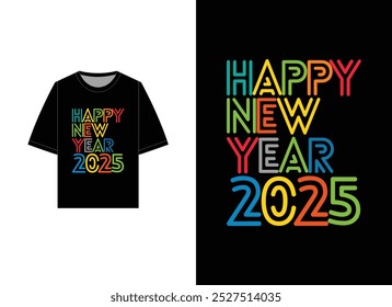 Comemore 2025 em grande estilo com esta camiseta de tipografia vibrante e moderna "Feliz Ano Novo 2025". O texto multicolorido em negrito sobre um fundo preto cria um visual divertido e festivo perfeito para o Ano Novo 