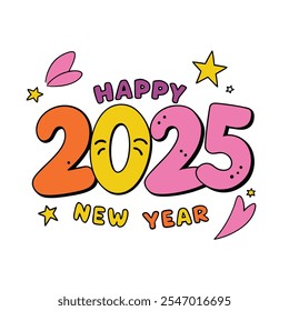 Celebrate 2025 in style with this vibrant "Happy New Year" text design. Perfect for greeting cards, festive decorations, and holiday celebration backgrounds in digital or print projects.