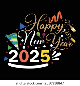 Celebrate 2025 in style with this vibrant and modern "Happy New Year 2025" typography t-shirt. The bold multicolored text on a black background creates a fun, festive look perfect for New Year’s