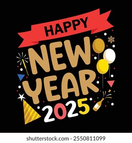 Celebrate 2025 in style with this vibrant and modern "Happy New Year 2025" typography t-shirt. The bold multicolored text on a black background creates a fun, festive look perfect for New Year’s