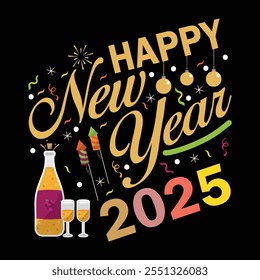 Celebrate 2025 in style with this vibrant and modern "Happy New Year 2025" typography t-shirt. The bold multicolored text on a black background creates a fun, festive look perfect for New Year’s