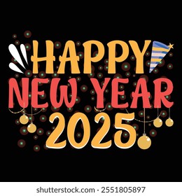 Celebrate 2025 in style with this vibrant and modern "Happy New Year 2025" typography t-shirt. The bold multicolored text on a black background creates a fun, festive look perfect for New Year’s