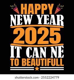 Celebrate 2025 in style with this vibrant and modern "Happy New Year 2025" typography t-shirt. The bold multicolored text on a black background creates a fun, festive look perfect for New Year’s