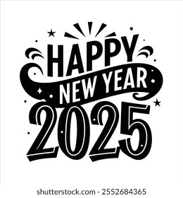 Celebrate 2025 with this vibrant "Happy New Year" text vector design. Perfect for festive banners, greeting cards, and digital decorations. Fully editable and ideal for creative projects.