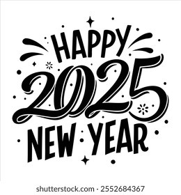 Celebrate 2025 with this vibrant "Happy New Year" text vector design. Perfect for festive banners, greeting cards, and digital decorations. Fully editable and ideal for creative projects.
