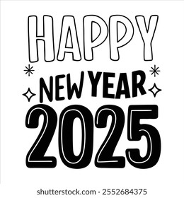 Celebrate 2025 with this vibrant "Happy New Year" text vector design. Perfect for festive banners, greeting cards, and digital decorations. Fully editable and ideal for creative projects.
