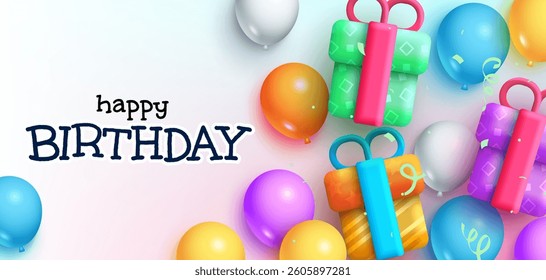 Celebrate with 3D gift boxes and colorful balloons in a bright birthday design. Vector Illustration
