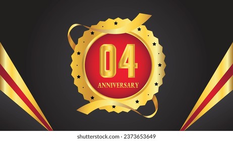 Celebrate the 4th anniversary with gold 3D letters, gold ribbons on a dark background.Party event decoration