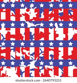Celebrate 4th of July Independence Day with this dynamic seamless patriotic USA pattern featuring stars, stripes, and camouflage in red, white, and blue, perfect for T-shirts and festive designs.