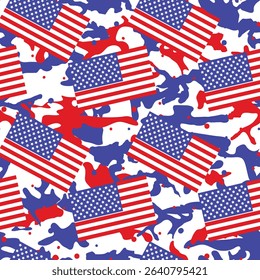 Celebrate 4th of July, USA pattern of flags and camouflage in red, white, and blue, perfect for T-shirts, bookmarks, scrapbooking, and seamless papers.