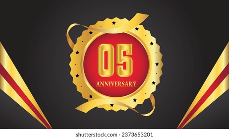 Celebrate the 5th anniversary with gold 3D letters, gold ribbons on a dark background.Party event decoration