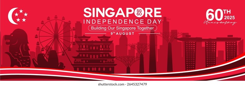 Celebrate 60th anniversary of Singapore National Day. Singapore Independence day 2025 with Singapore landmarks and skylines elements and red and white wavy ribbon. best for banner, design and poster