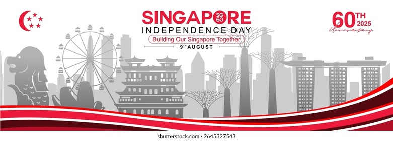 Comemore o 60º aniversário do Dia Nacional de Singapura. Dia da Independência de Cingapura 2025 com marcos de Singapura e elementos de linhas do horizonte e fita ondulada vermelha e branca. melhor para banner, design e cartaz