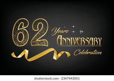 Celebrate the 62th anniversary with gold letters, gold ribbons and confetti on a dark background