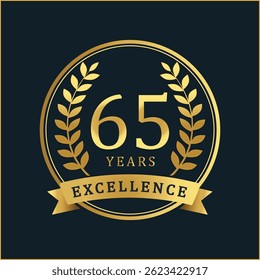 Comemore 65 anos de excelência com este distintivo de aniversário de ouro premium. Com uma textura de folha de ouro rica e coroas de louro elegantes, este distintivo vetorial é perfeito para comemorar o ac corporativo