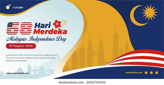 Celebrate 68th Malaysia Hari Merdeka Independence Day 2025 greeting banner template with Kuala Lumpur landmarks, 68 logo and national identity elements.  Best for Malaysia national events celebrations