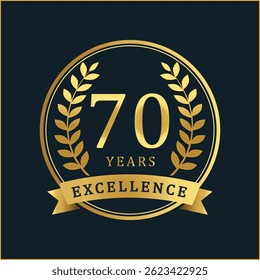 Comemore 70 anos de excelência com este distintivo de aniversário de ouro premium. Com uma textura de folha de ouro rica e coroas de louro elegantes, este distintivo vetorial é perfeito para comemorar o ac corporativo