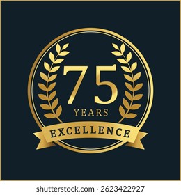 Comemore 75 anos de excelência com este distintivo de aniversário de ouro premium. Com uma textura de folha de ouro rica e coroas de louro elegantes, este distintivo vetorial é perfeito para comemorar o ac corporativo
