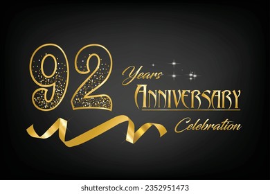 Celebrate the 92th anniversary with gold letters, gold ribbons and confetti on a dark background